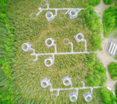 Overhead view of forest with research chambers.