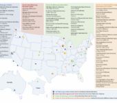 A map of the United States with multicolored dots showing the locations of laboratories, universities, and other partners of the Bioenergy Research Centers. Behind the map are four columns with a written list of the associated partners.