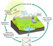 Graphic with land features, human emissions, and plant emissions surrounded by circular flow of the water cycle, climate change, and soil processes.
