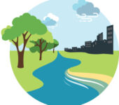 Illustration of a river with a cityscape on one side and trees on the other.