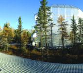 Trees surround two research enclosures.