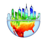 A cityscape inset with a globe model.