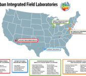 A map of the United States with dots marking the location of the four Urban Integrated Field Laboratories and their partner institutions.